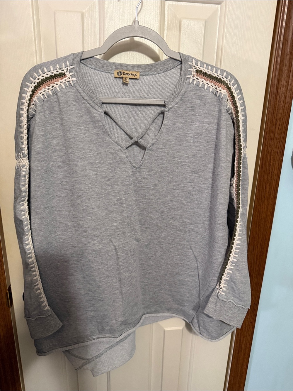 Democracy Light Gray Pullover Sweatshirt with Crochet Accents